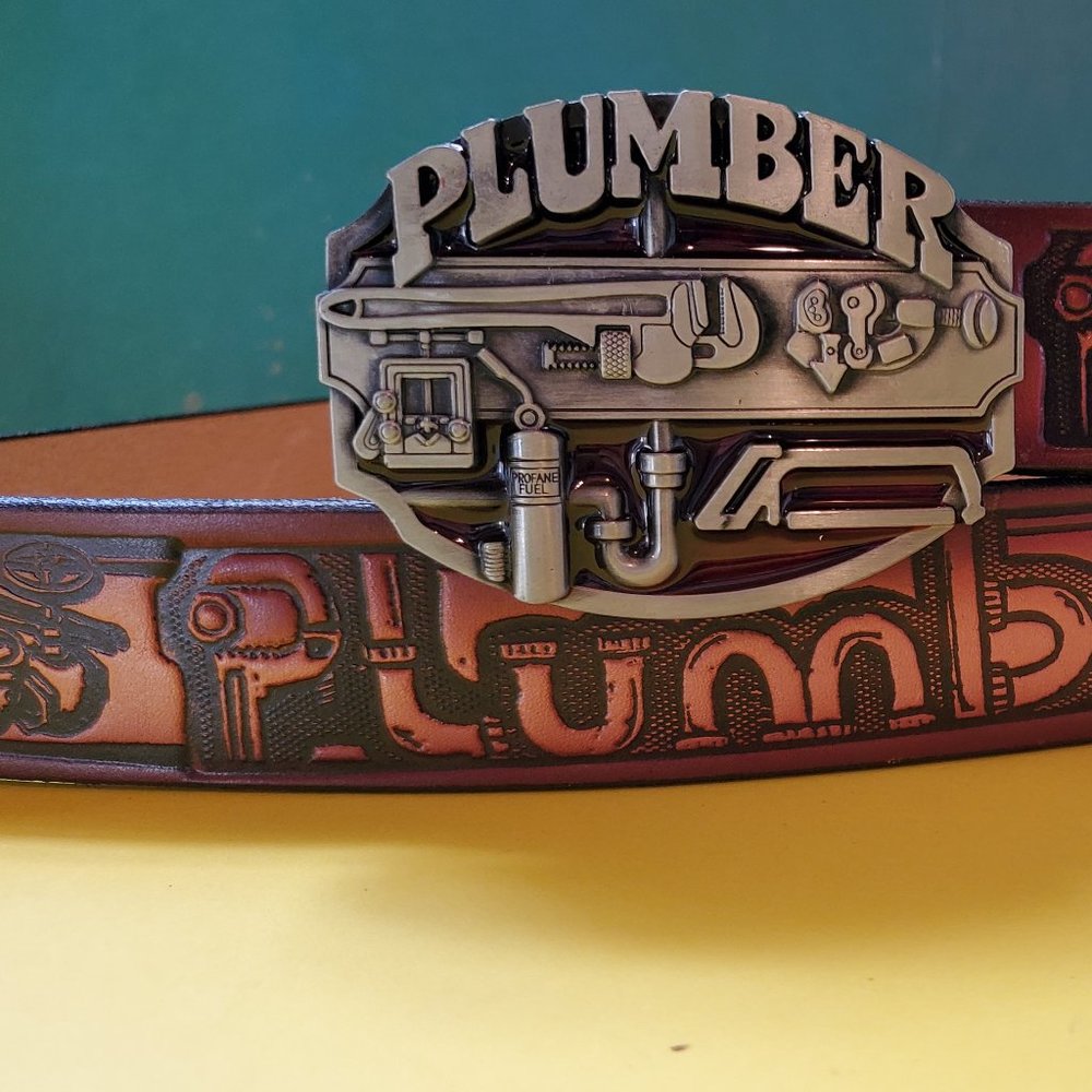PLUMBER Embossed Leather Belt & PLUMBER Epoxy/Enamel buckle Genuine Leather Cowh